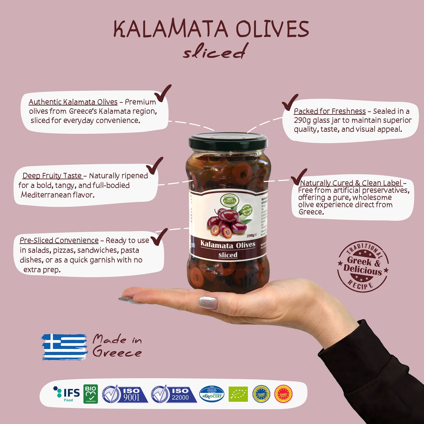 KORVEL Greek Kalamata olives sliced, Extra Large, 10.65 oz.