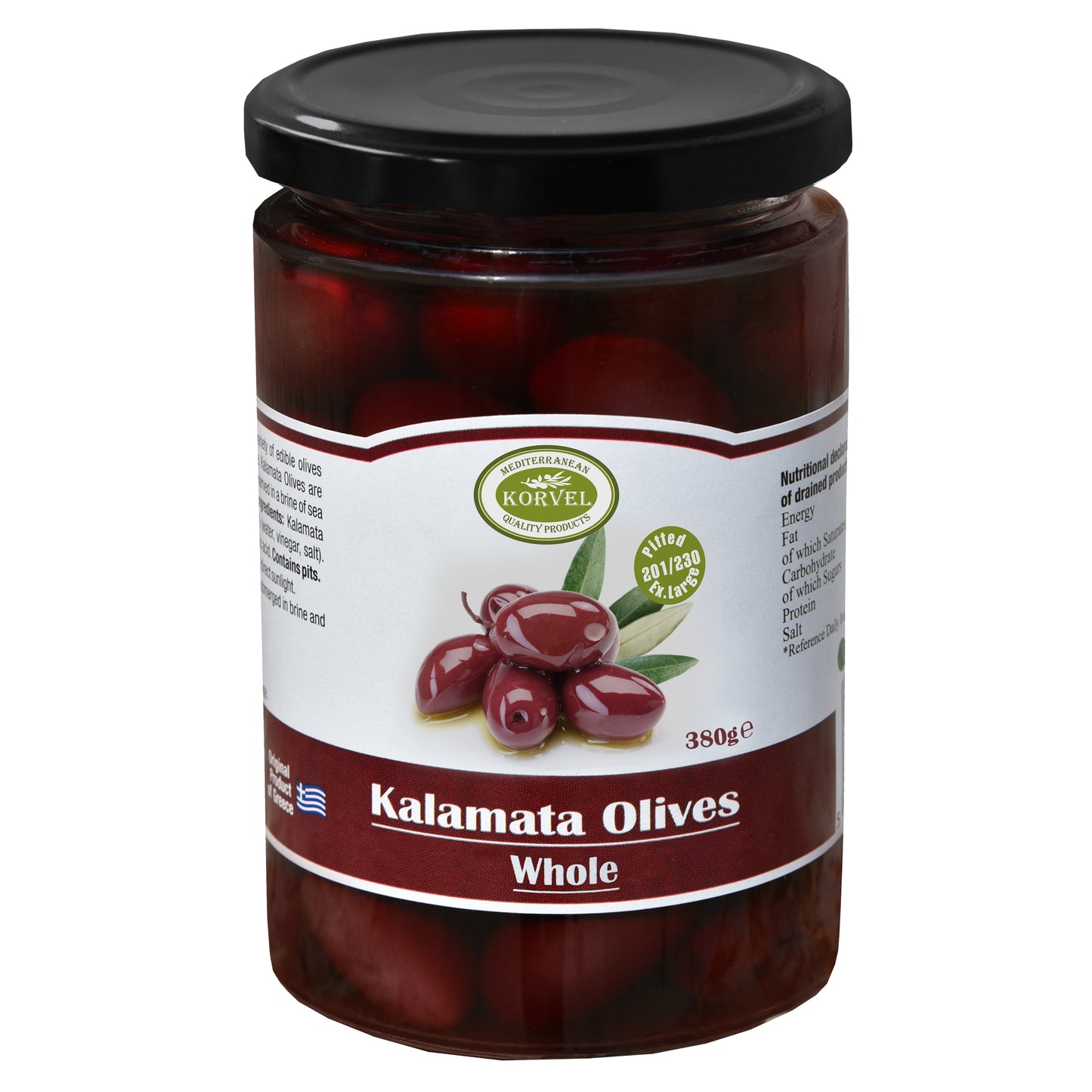 KORVEL Greek Kalamata Olives – Whole & Extra Large – 13.4 oz Glass Jar