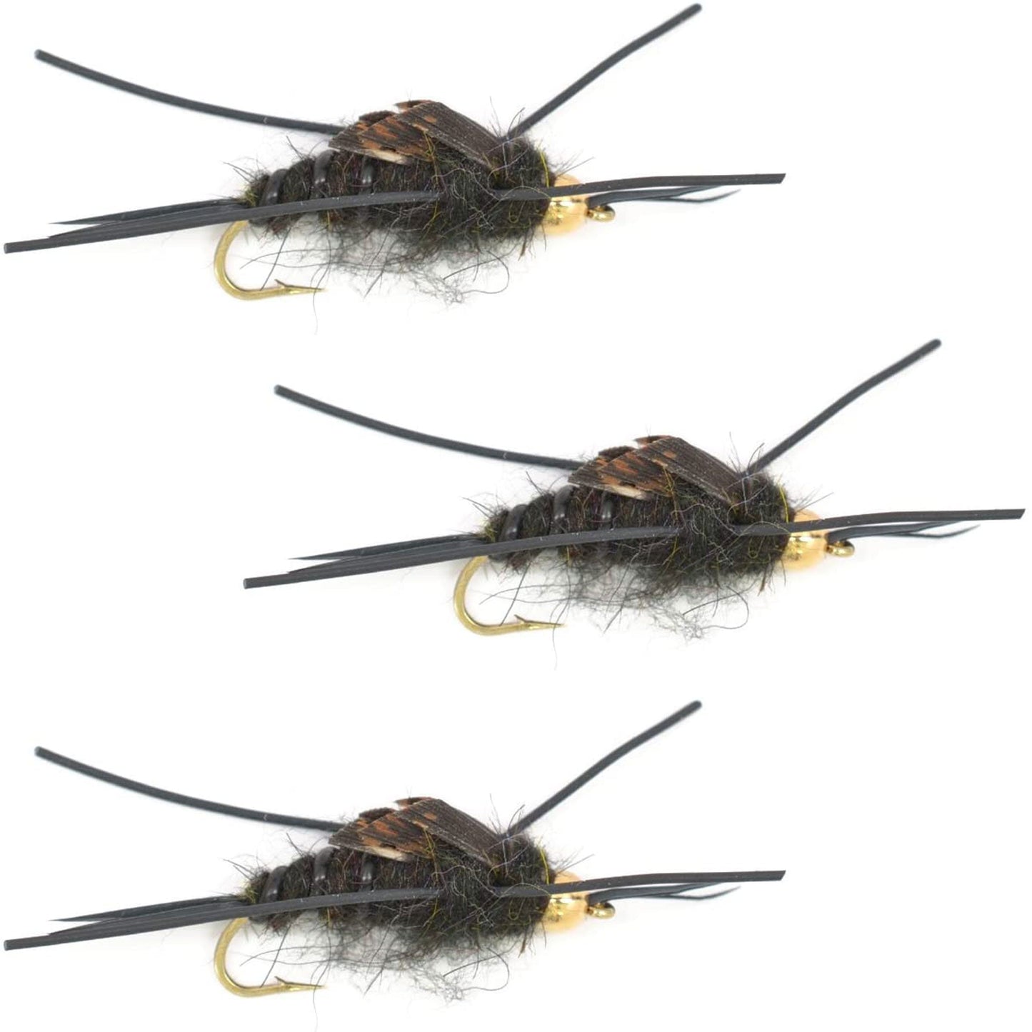 3-Pack Tungsten Bead Kaufmann's Black Stone Fly Nymphs with Rubber Legs - Size 10 - Korvel