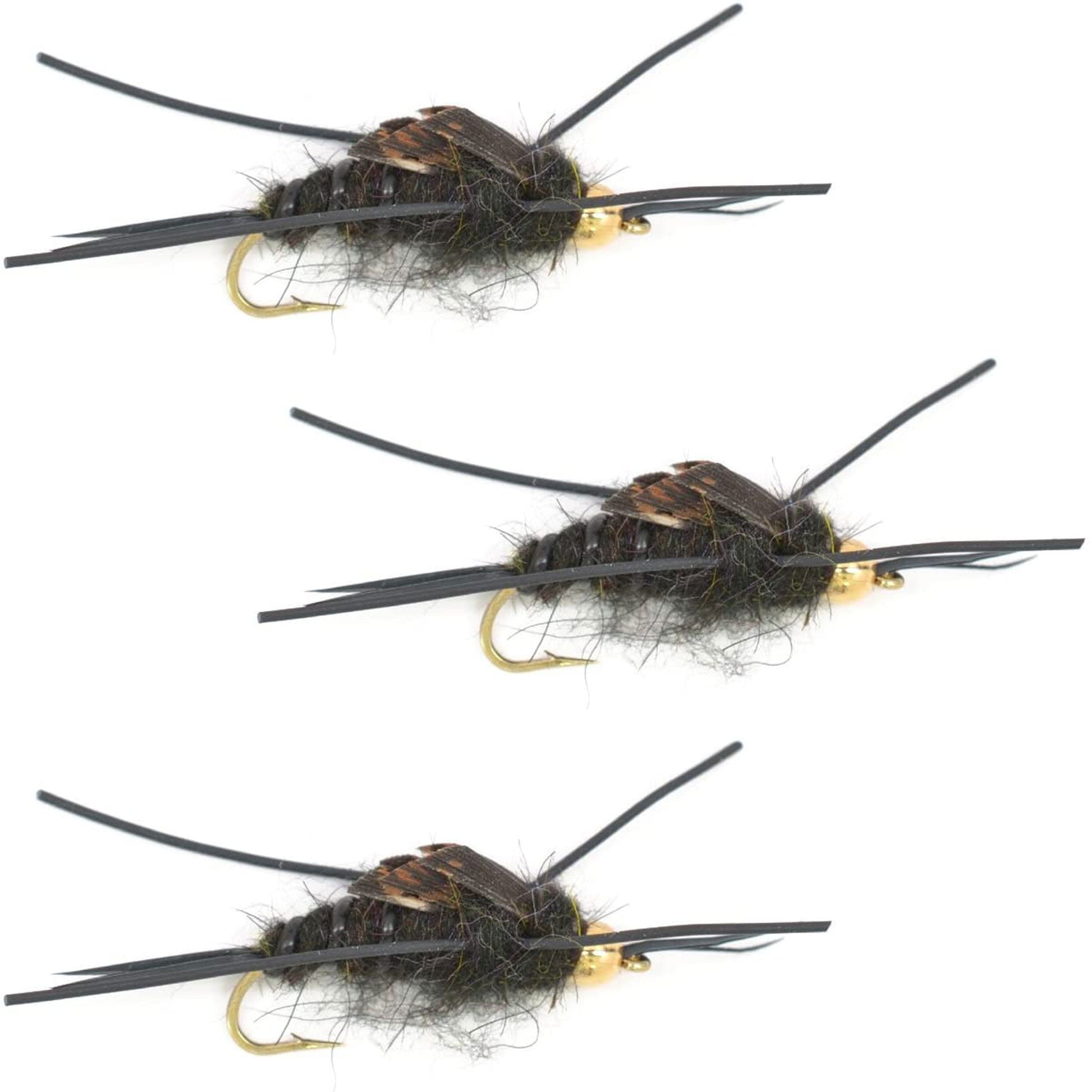 3-Pack Tungsten Bead Kaufmann's Black Stone Fly Nymphs with Rubber Legs - Size 10 - Korvel