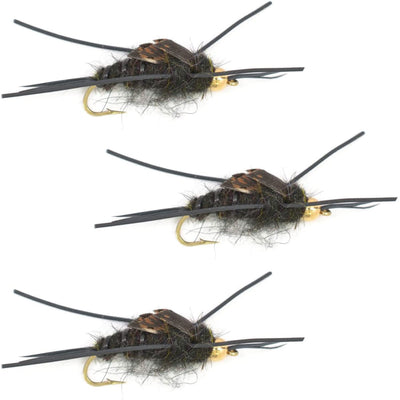 Triple Pack of Gold Bead Kaufmann's Black Stone Fly Nymphs - Size 10 with Rubber Legs - Korvel