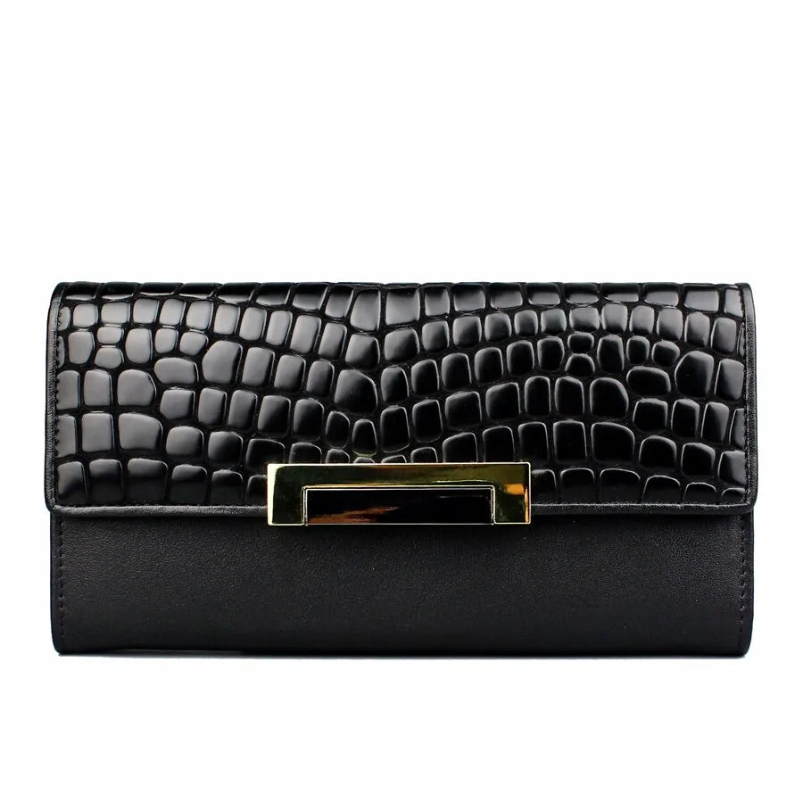 Billetera de Cuero Genuino para Mujeres: Diseño de Piel de Serpiente de Lujo en Negro