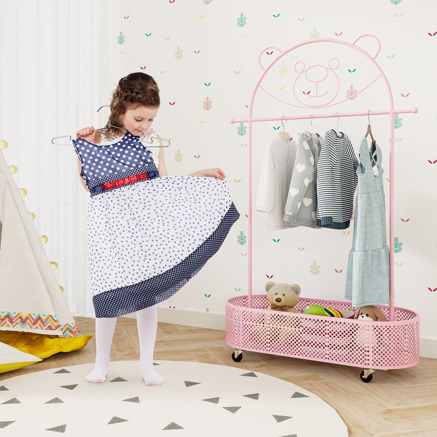 Perchero para Niños con Alturas Ajustables y Ruedas - Rosa