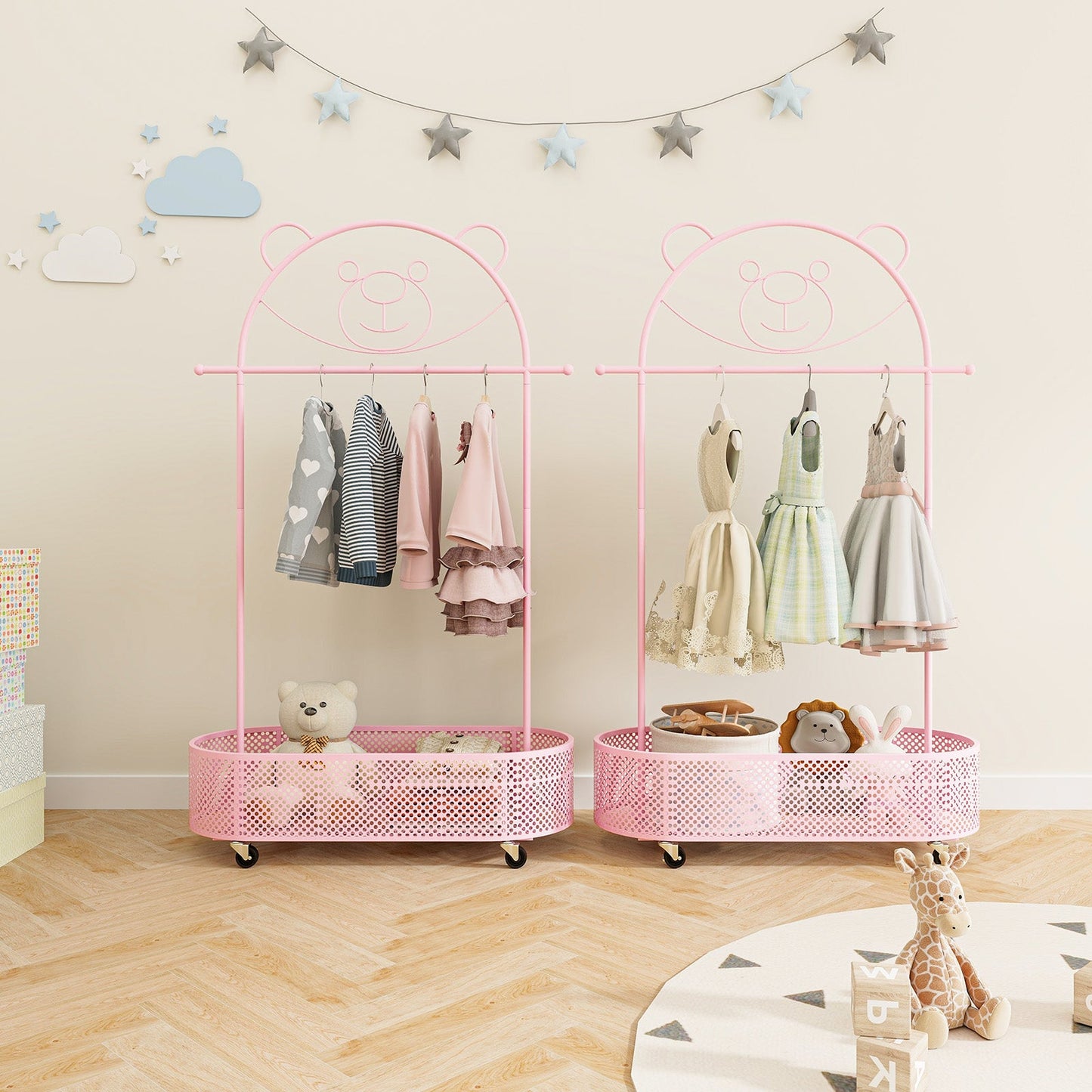 Perchero para Niños con Alturas Ajustables y Ruedas - Rosa