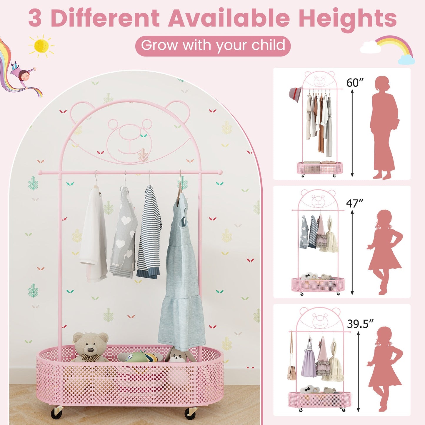 Perchero para Niños con Alturas Ajustables y Ruedas - Rosa
