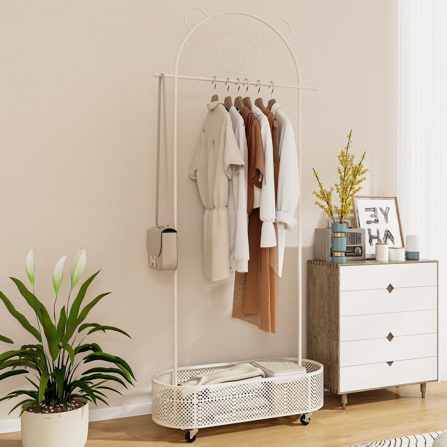 Kid Clothes Rack with Adjustable Heights and Wheels - White