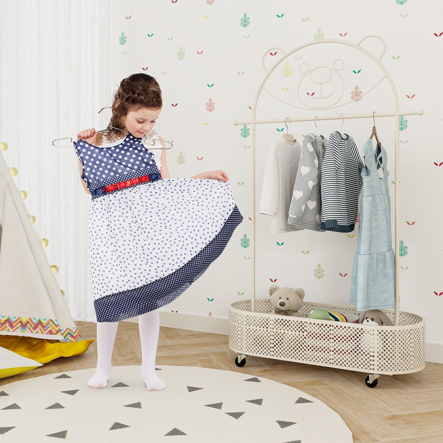 Kid Clothes Rack with Adjustable Heights and Wheels - White