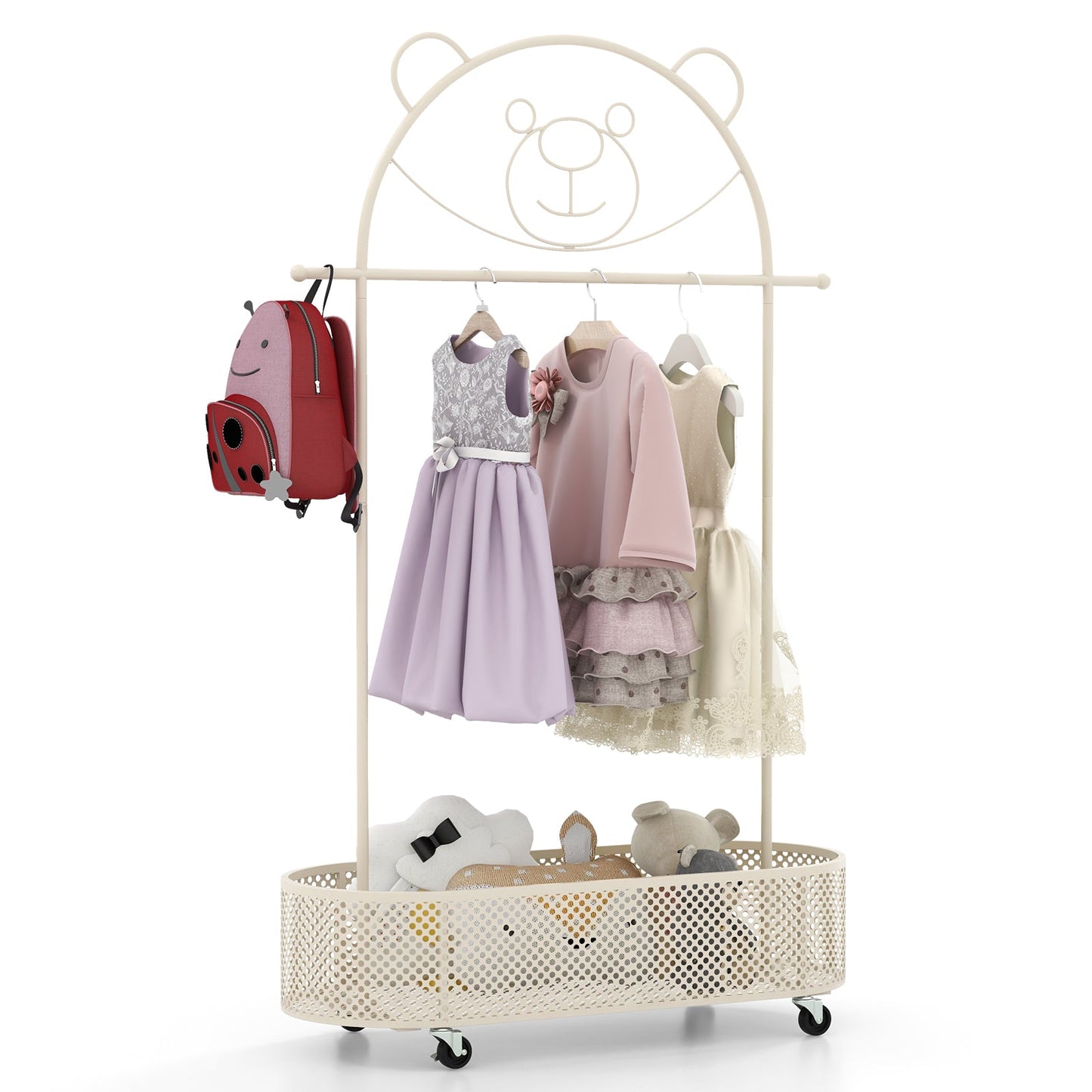 Kid Clothes Rack with Adjustable Heights and Wheels - White