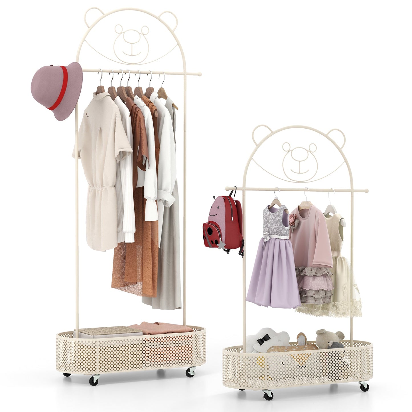 Kid Clothes Rack with Adjustable Heights and Wheels - White