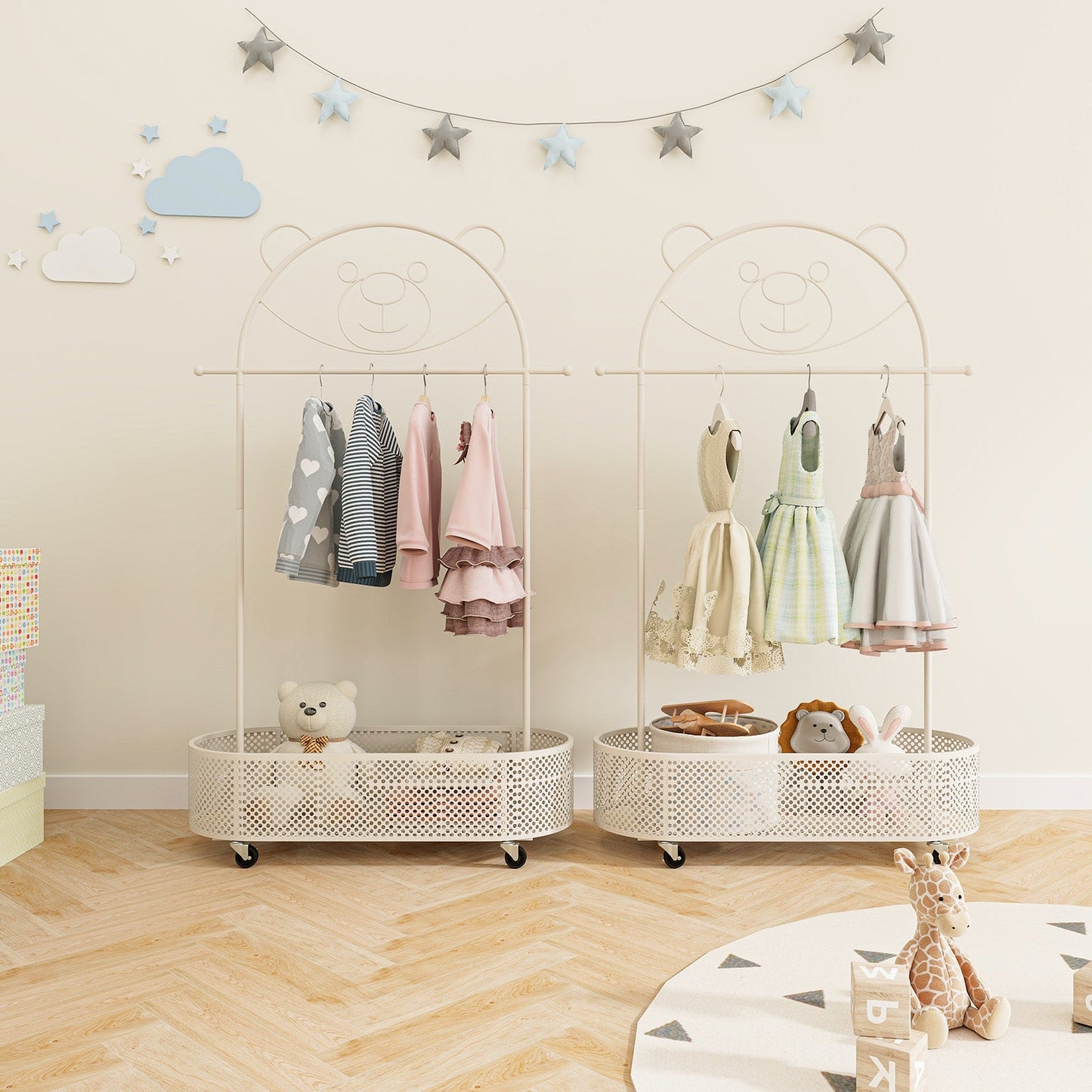 Kid Clothes Rack with Adjustable Heights and Wheels - White