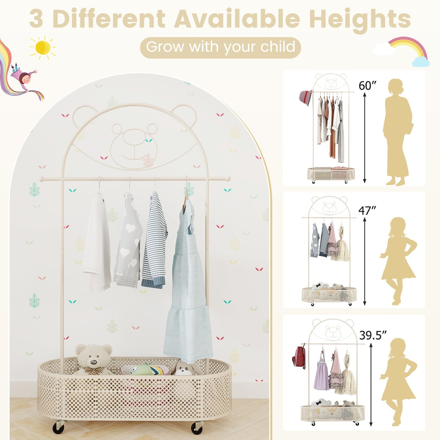 Kid Clothes Rack with Adjustable Heights and Wheels - White