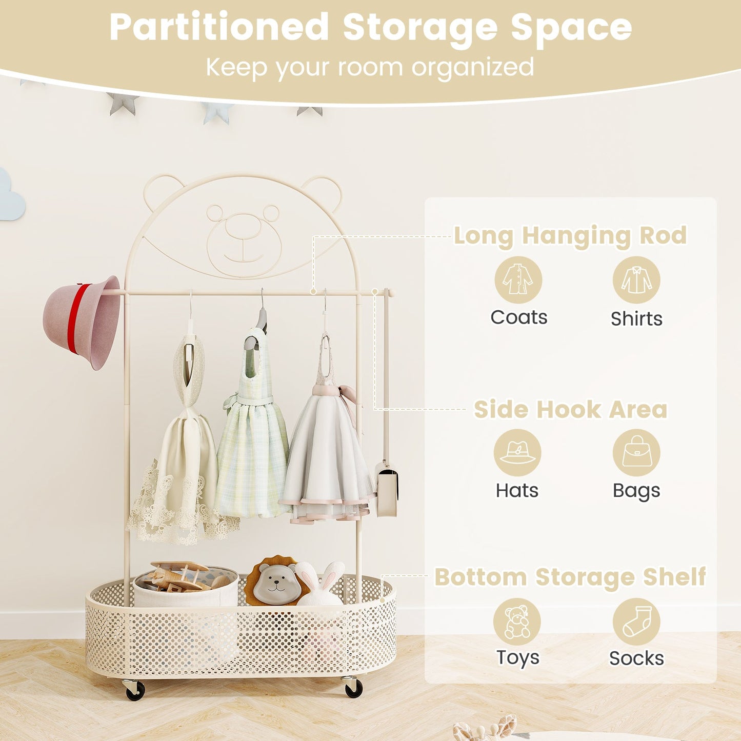 Kid Clothes Rack with Adjustable Heights and Wheels - White
