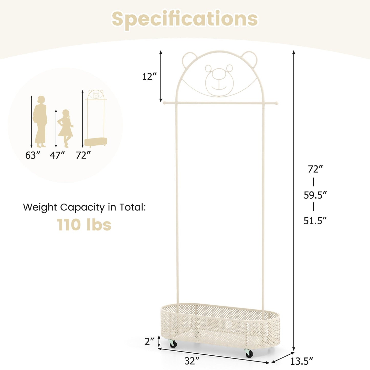 Kid Clothes Rack with Adjustable Heights and Wheels - White