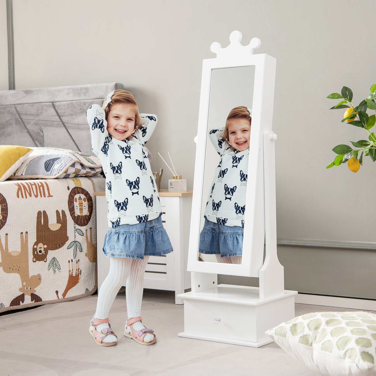 2-in-1 Kids Play Jewelry Armoire with Full Length Mirror - White