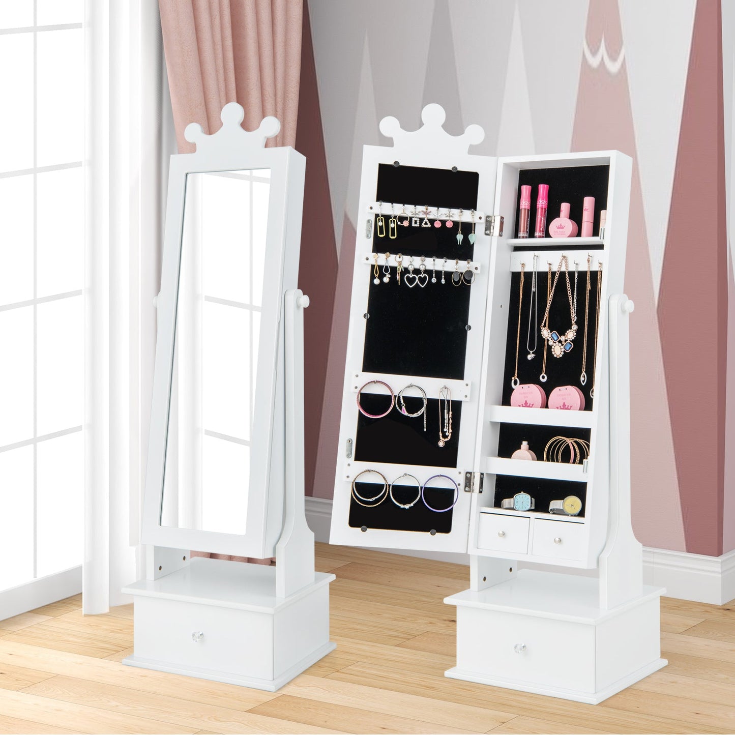 2-in-1 Kids Play Jewelry Armoire with Full Length Mirror - White