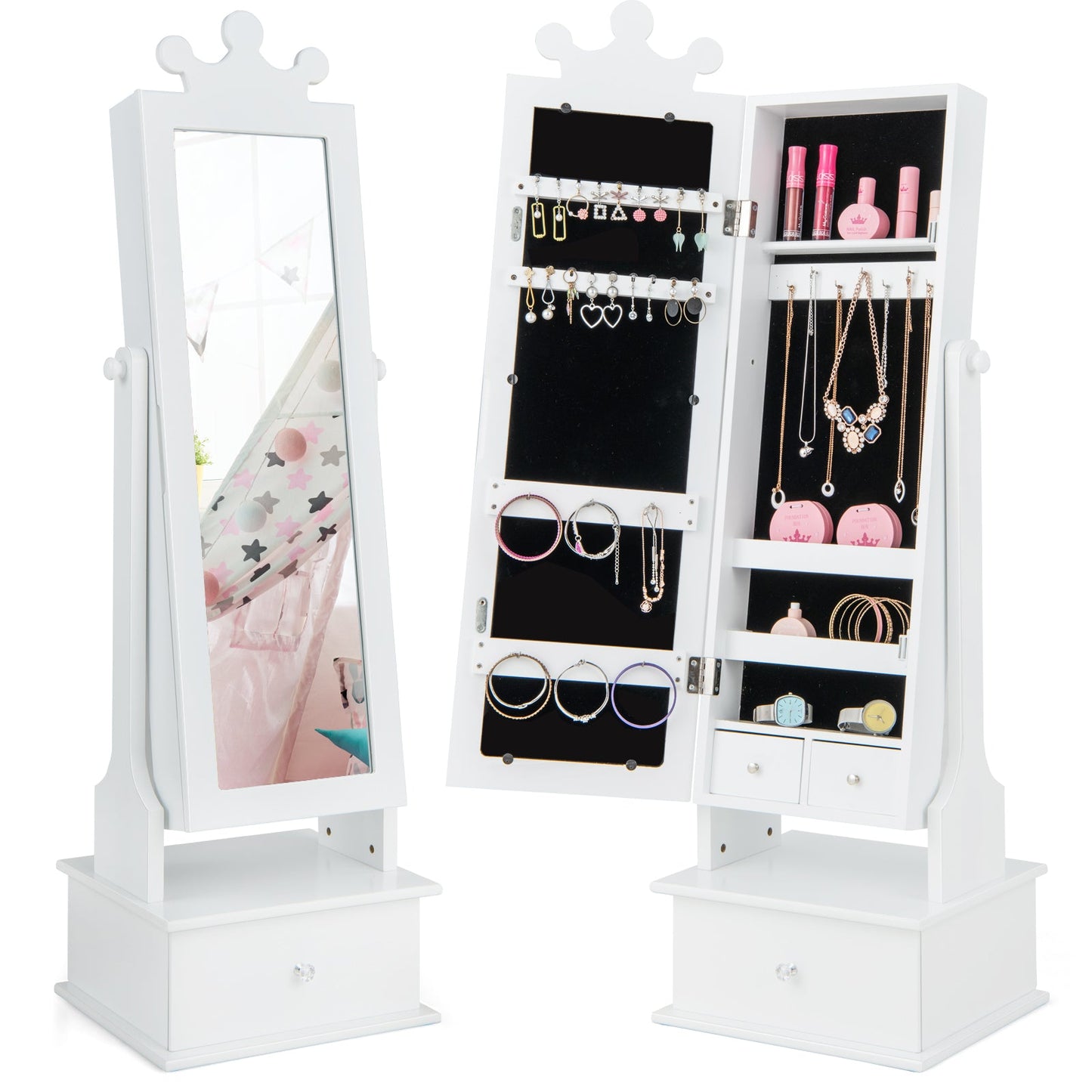 2-in-1 Kids Play Jewelry Armoire with Full Length Mirror - White
