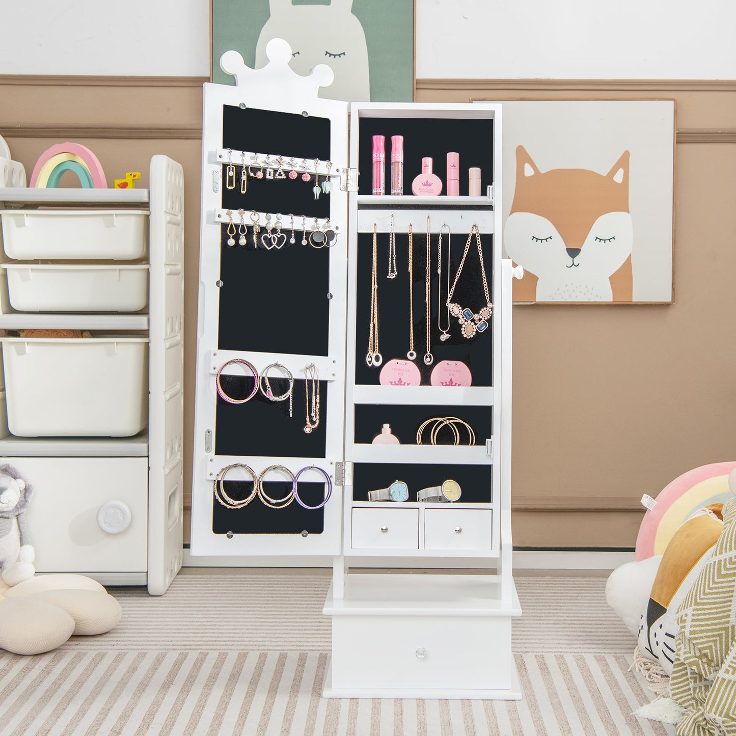 2-in-1 Kids Play Jewelry Armoire with Full Length Mirror - White