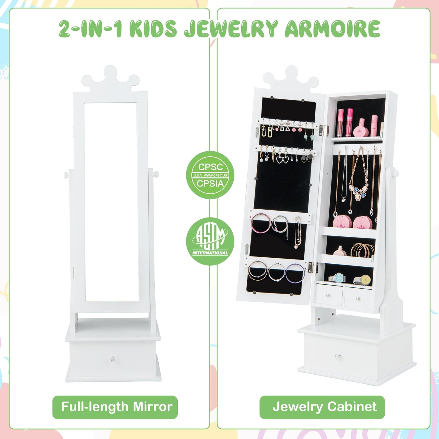 2-in-1 Kids Play Jewelry Armoire with Full Length Mirror - White
