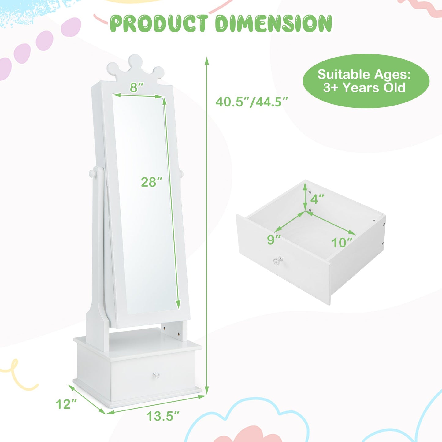 2-in-1 Kids Play Jewelry Armoire with Full Length Mirror - White