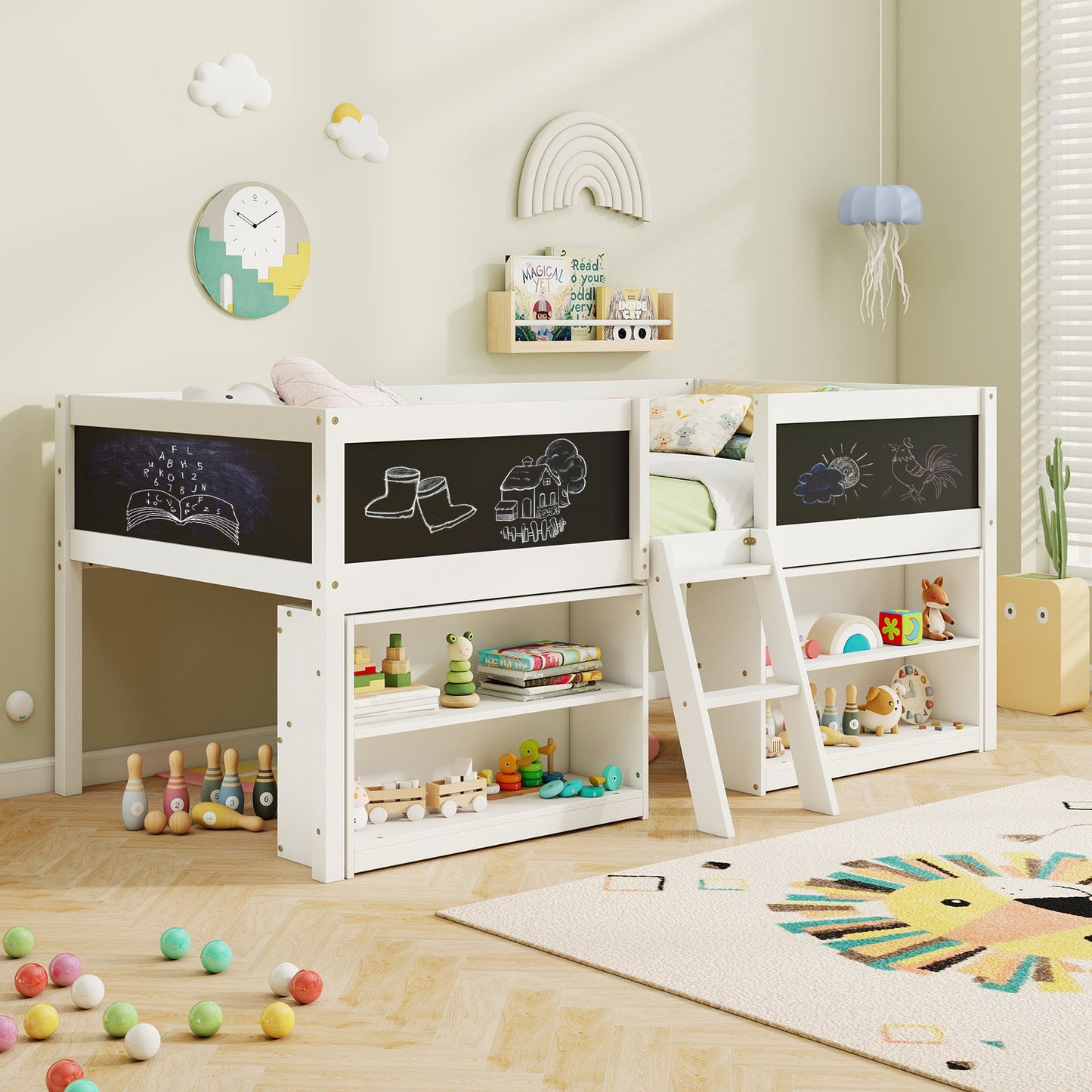 Lit mezzanine bas enfant taille twin avec rampe en tableau noir et bibliothèques - Blanc