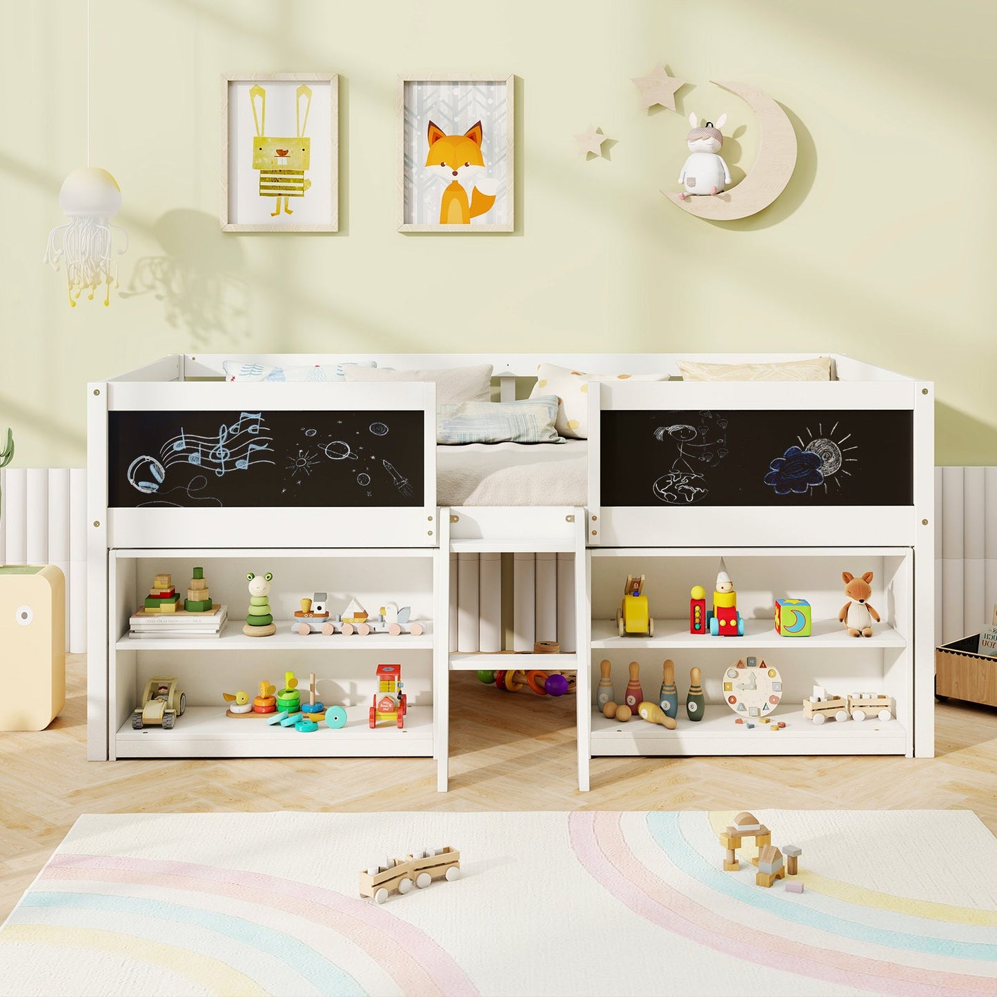 Lit mezzanine bas enfant taille twin avec rampe en tableau noir et bibliothèques - Blanc