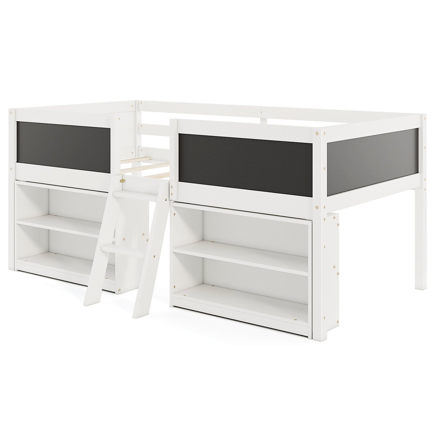 Lit mezzanine bas enfant taille twin avec rampe en tableau noir et bibliothèques - Blanc
