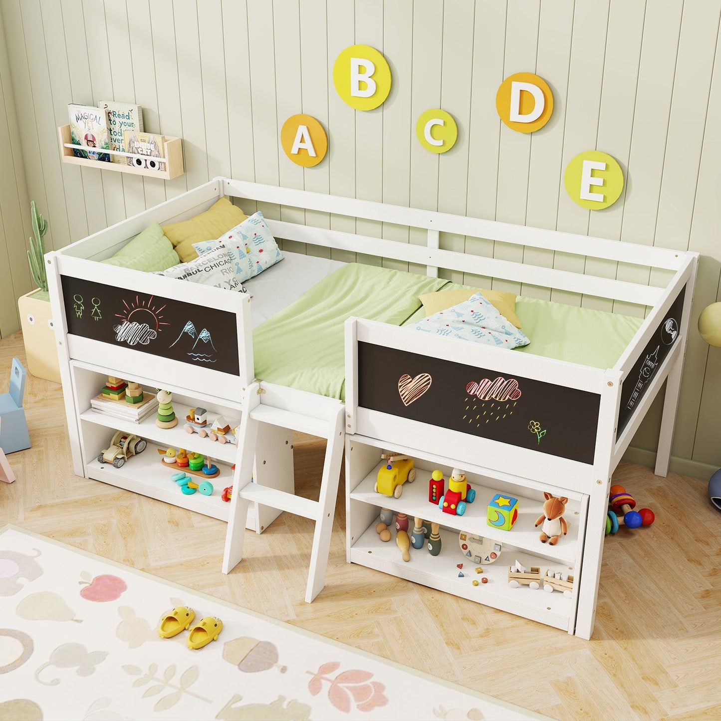 Lit mezzanine bas enfant taille twin avec rampe en tableau noir et bibliothèques - Blanc