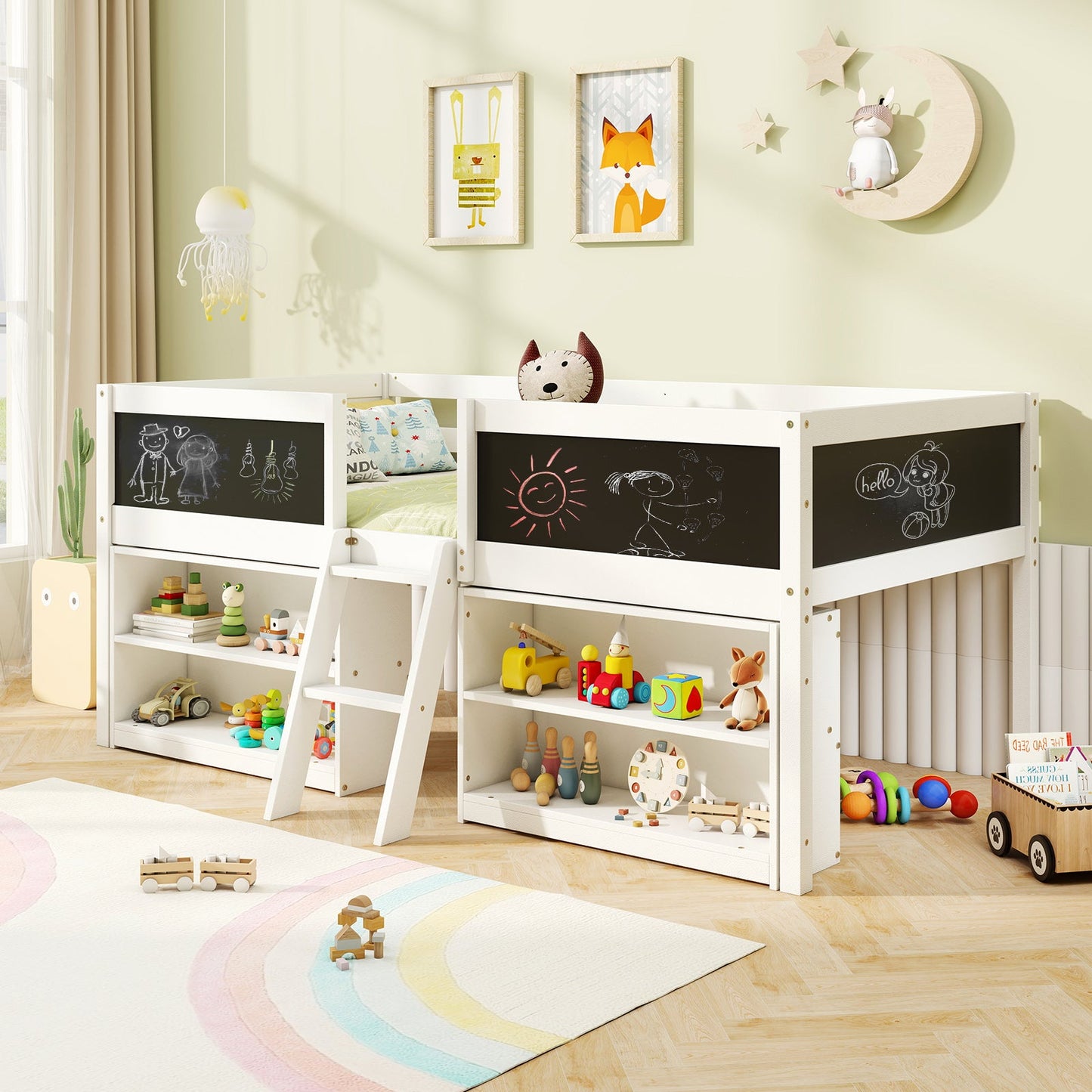 Lit mezzanine bas enfant taille twin avec rampe en tableau noir et bibliothèques - Blanc