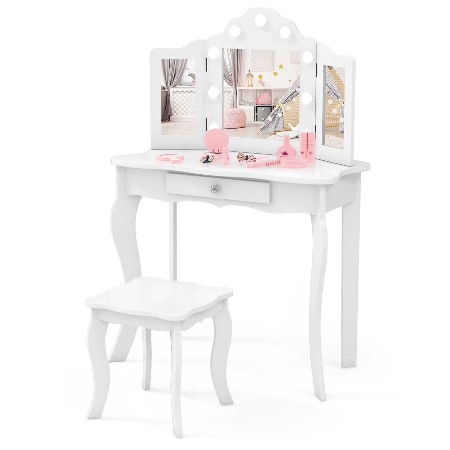 Kid Vanity Table Stool Set with Tri-Folding Mirror and LED Lights - White
