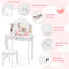 Kid Vanity Table Stool Set with Tri-Folding Mirror and LED Lights - White