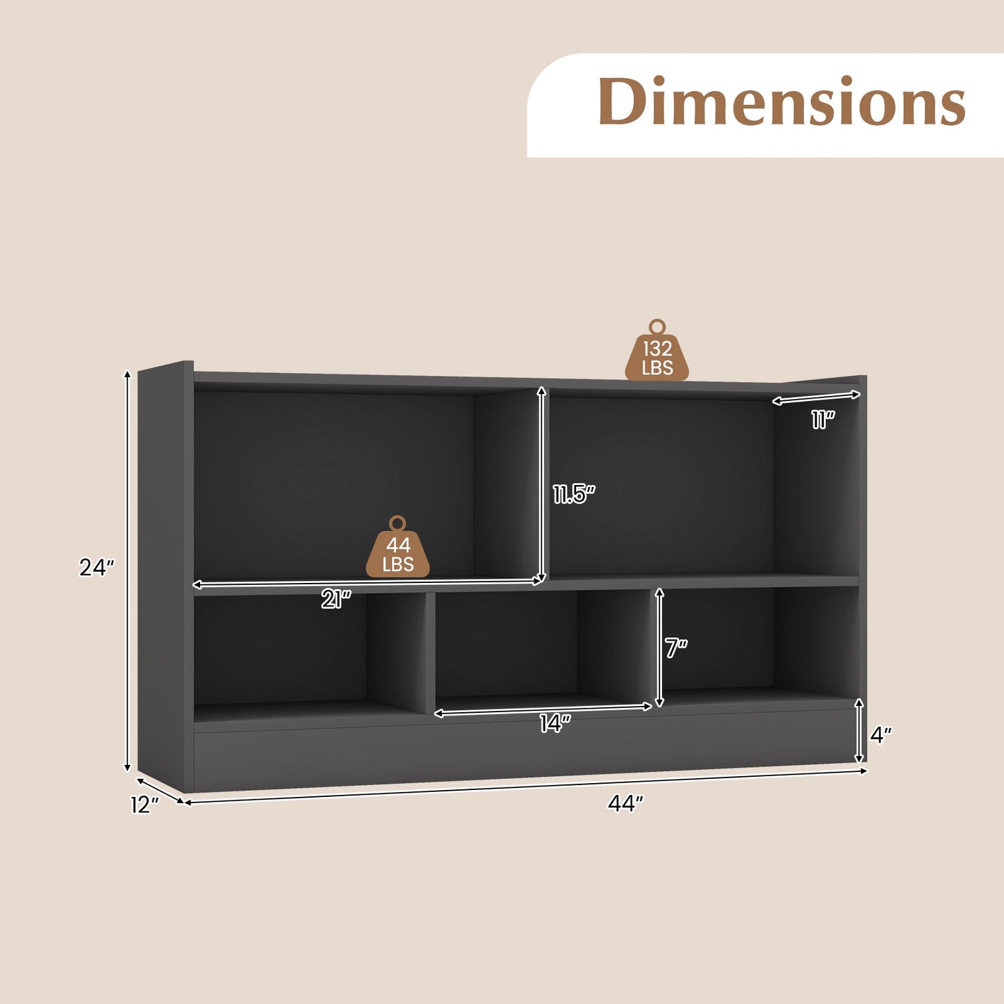 Kids 2-Shelf Bookcase with 5-Cube Storage - Gray