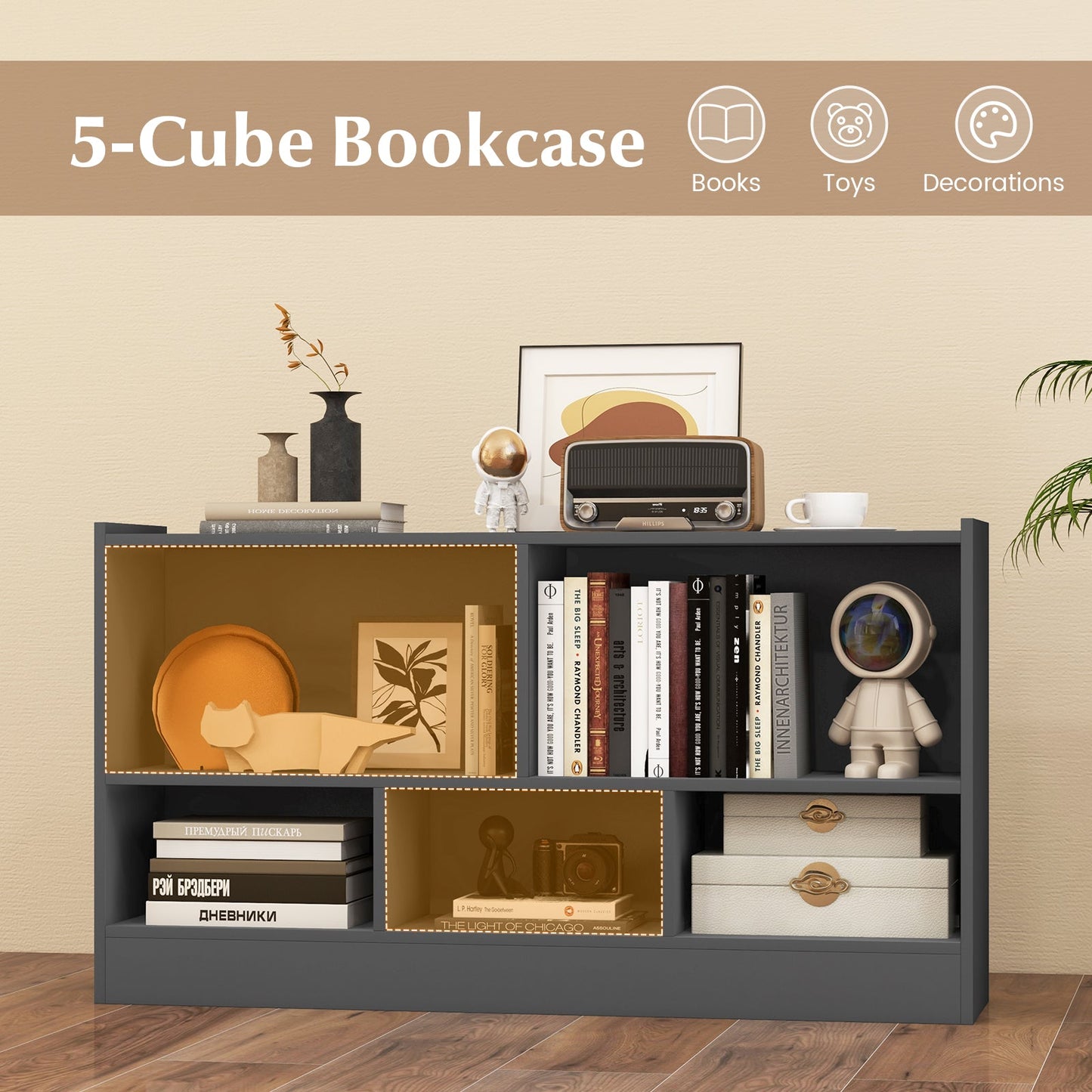 Kids 2-Shelf Bookcase with 5-Cube Storage - Gray