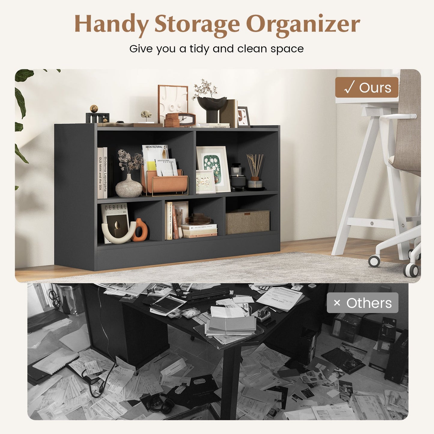 Kids 2-Shelf Bookcase with 5-Cube Storage - Gray