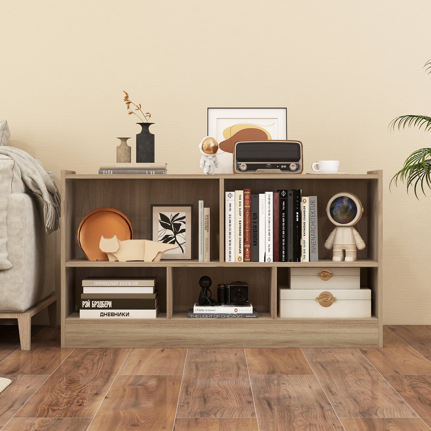 Bibliothèque pour enfants à 2 étagères avec rangement à 5 cubes - Bois naturel