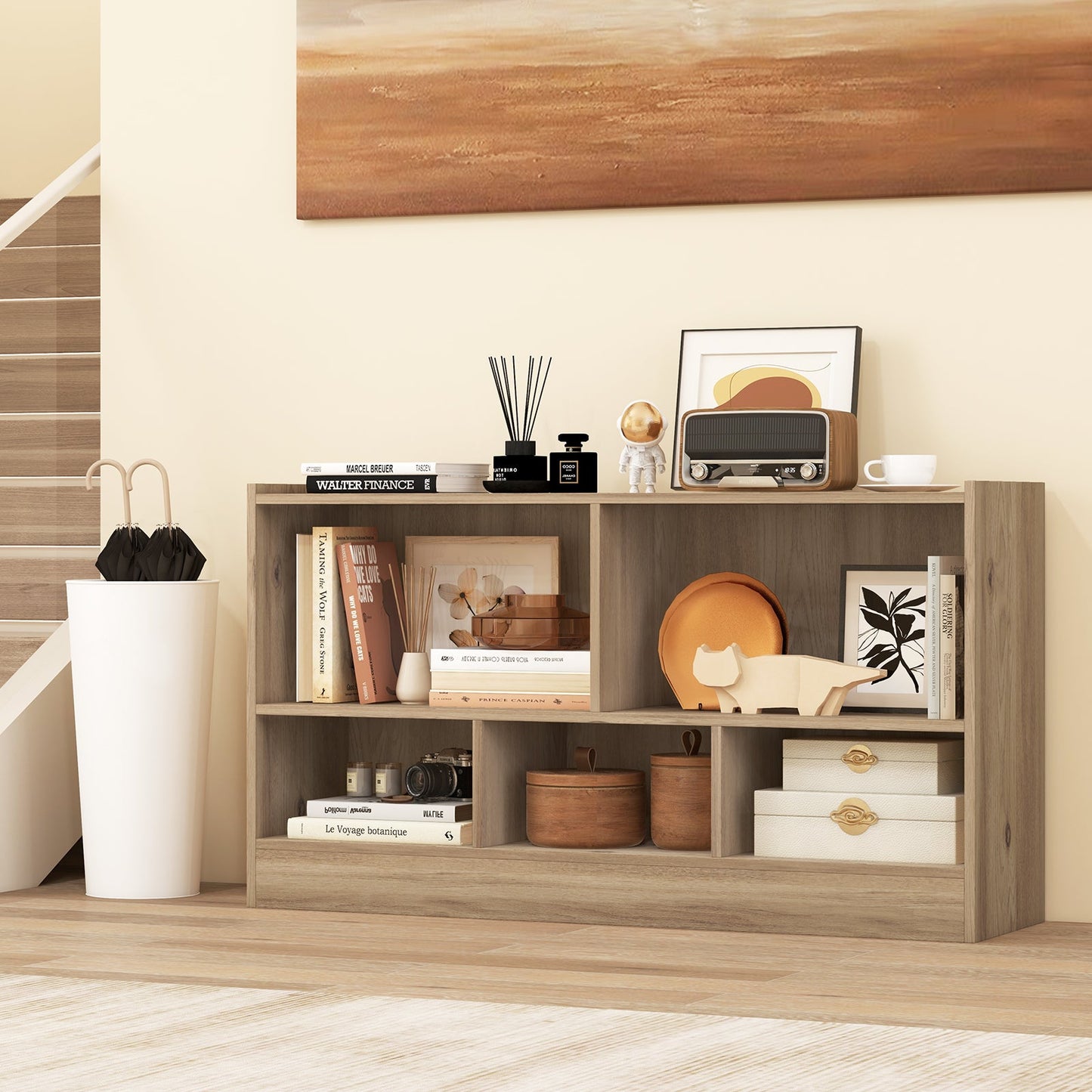 Bibliothèque pour enfants à 2 étagères avec rangement à 5 cubes - Bois naturel