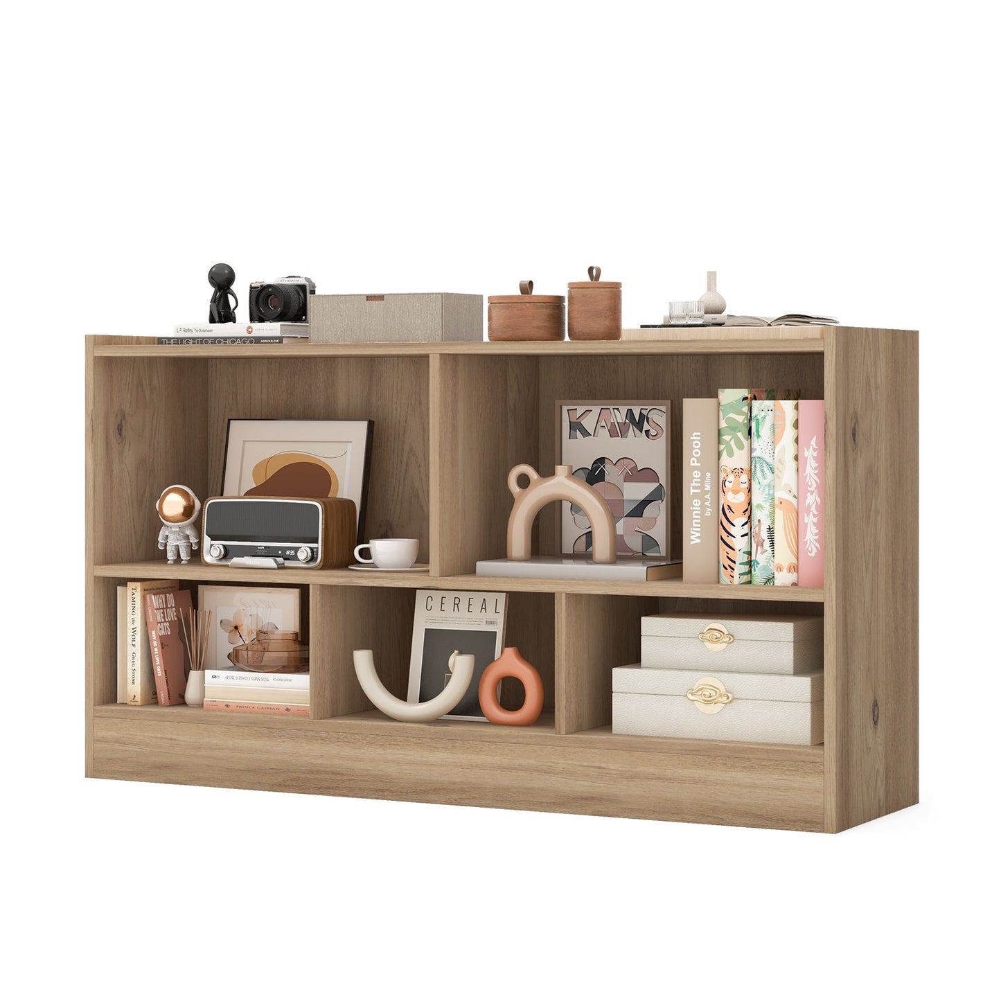 Bibliothèque pour enfants à 2 étagères avec rangement à 5 cubes - Bois naturel