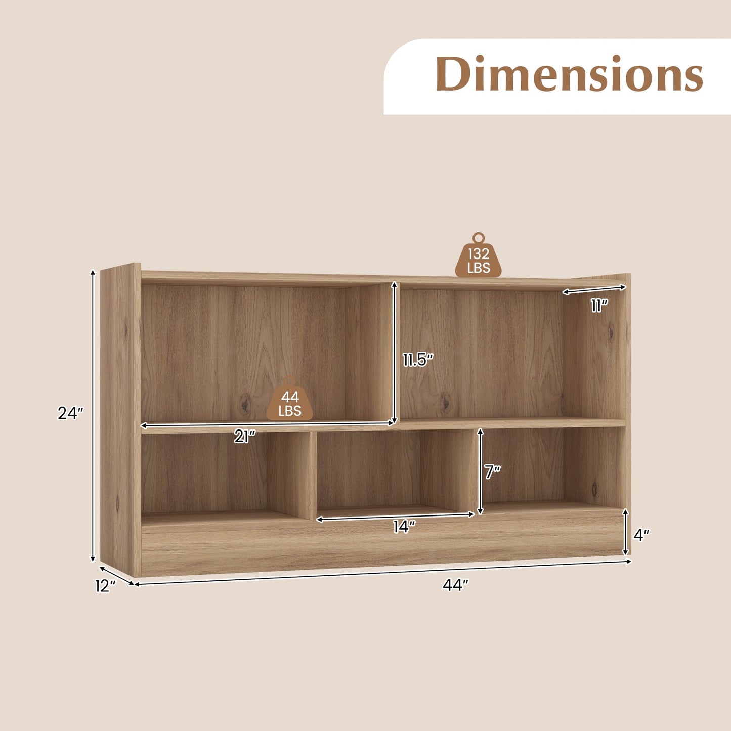 Bibliothèque pour enfants à 2 étagères avec rangement à 5 cubes - Bois naturel