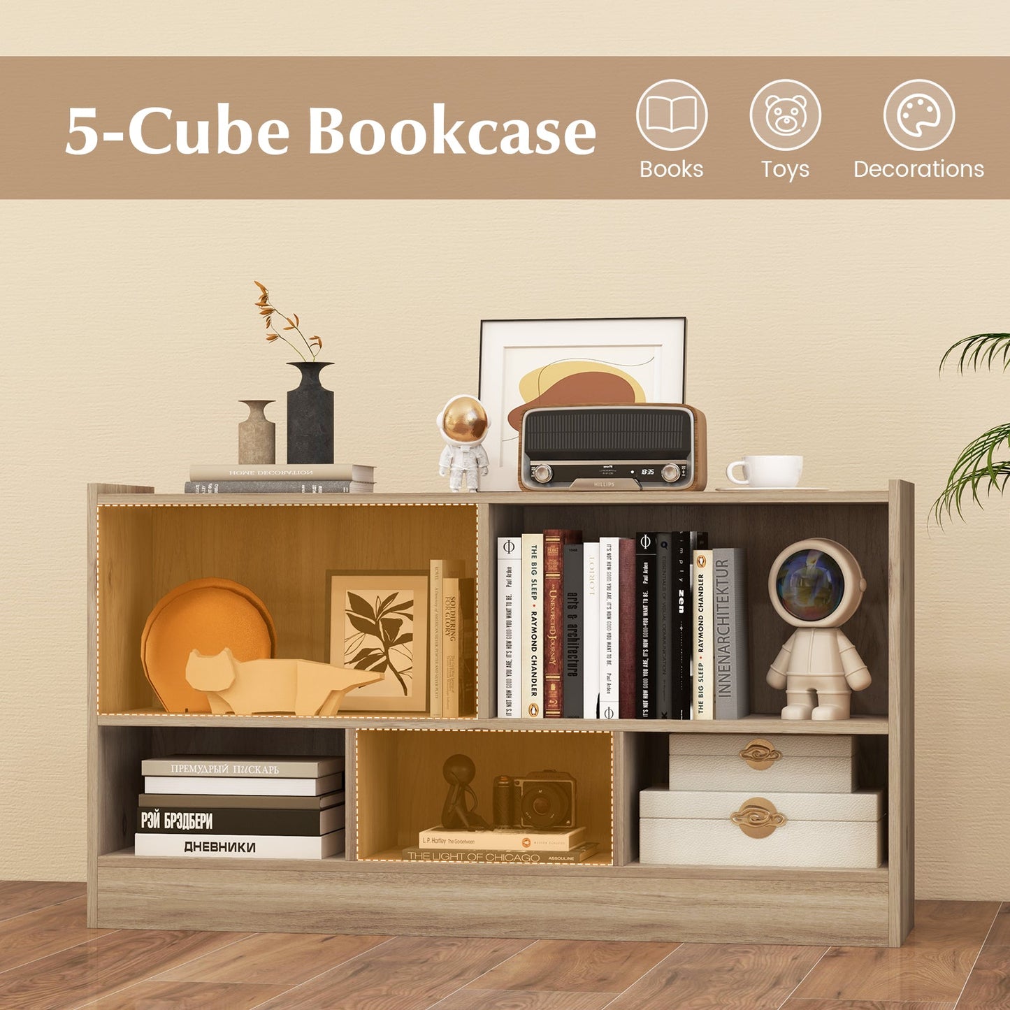 Bibliothèque pour enfants à 2 étagères avec rangement à 5 cubes - Bois naturel