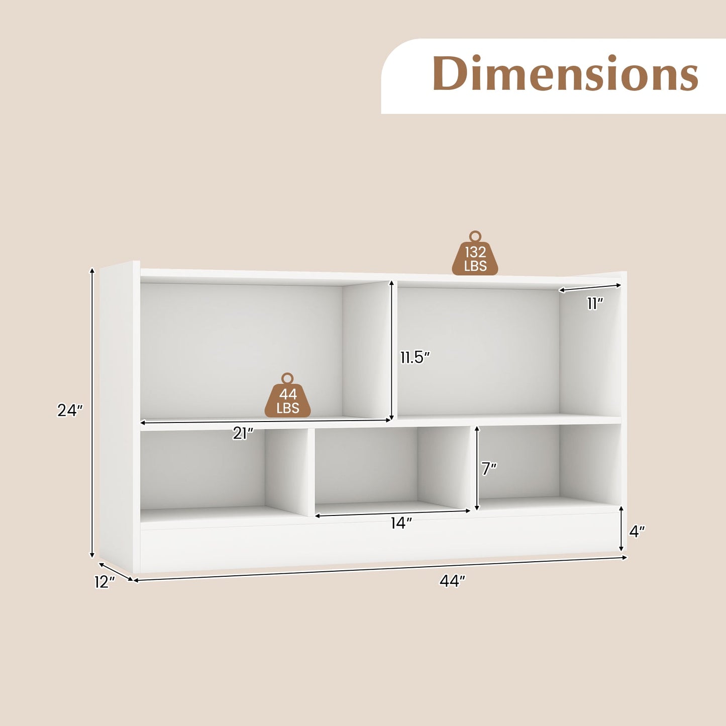 Kids 2-Shelf Bookcase with 5-Cube Storage - White