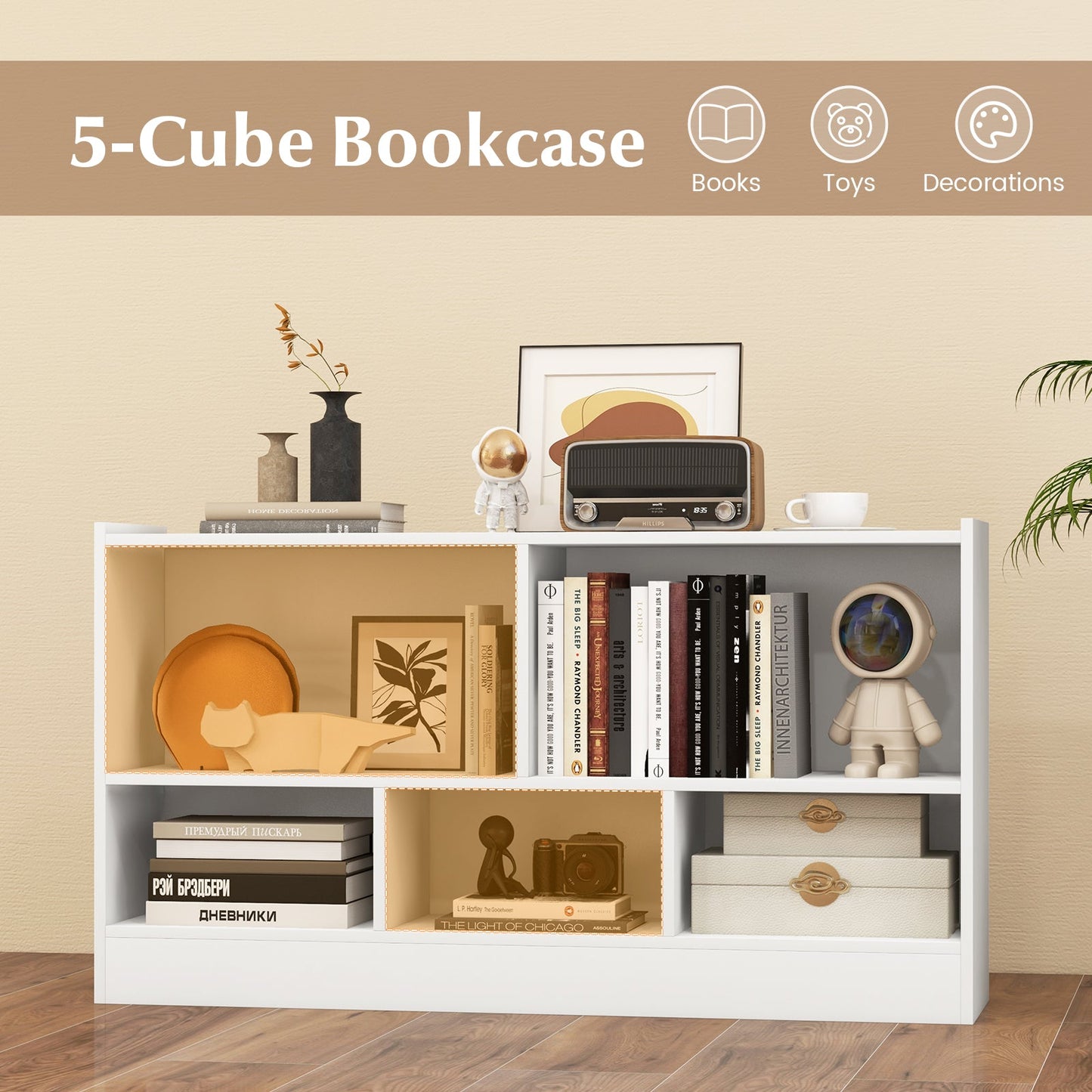 Kids 2-Shelf Bookcase with 5-Cube Storage - White