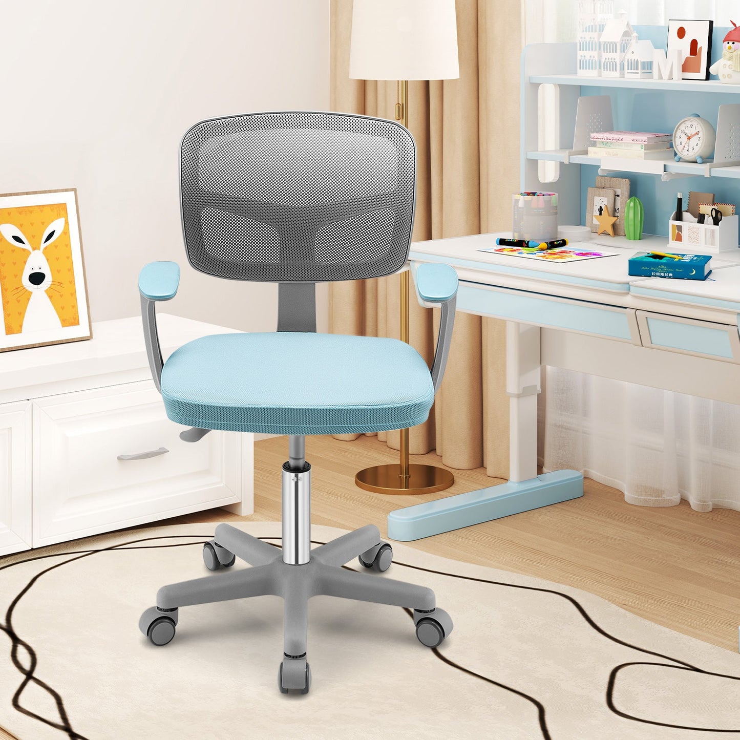 Adjustable Blue Desk Chair with Auto Brake Casters for Kids