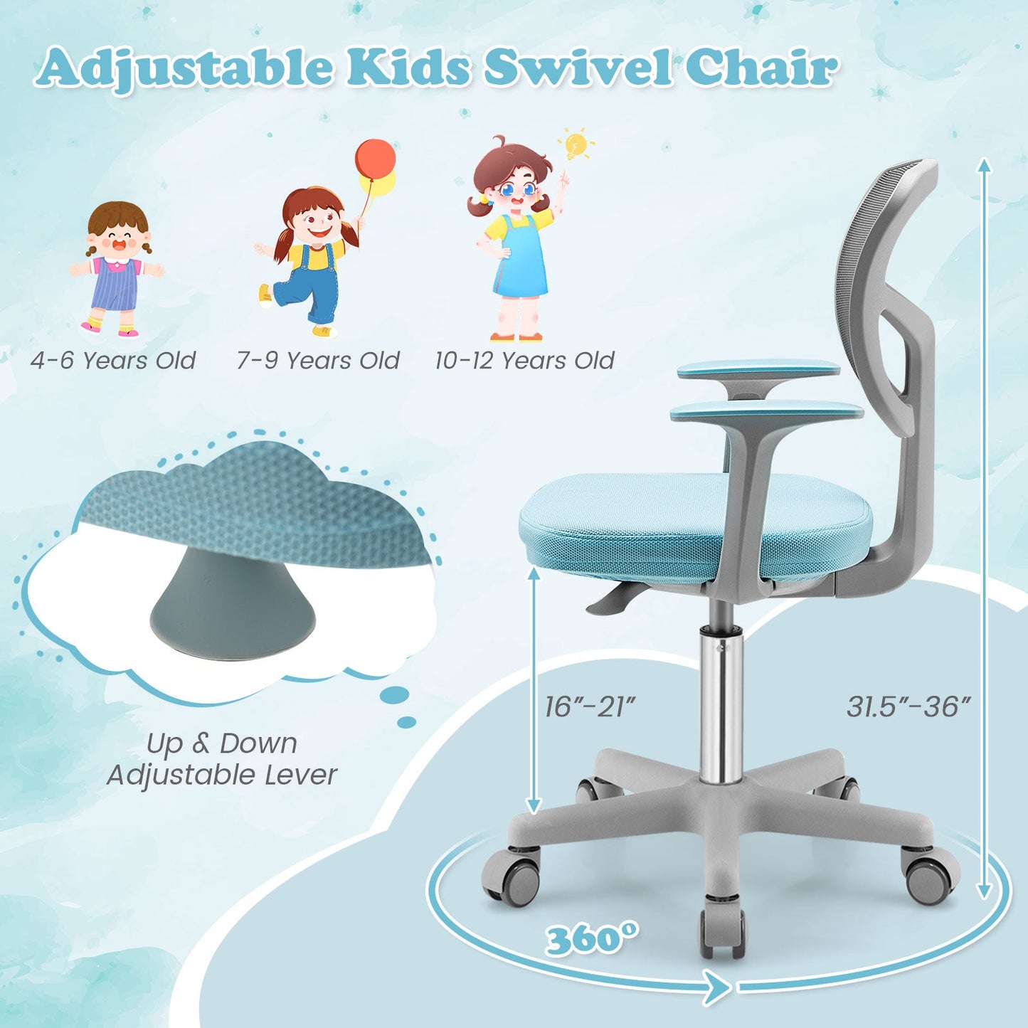Adjustable Blue Desk Chair with Auto Brake Casters for Kids
