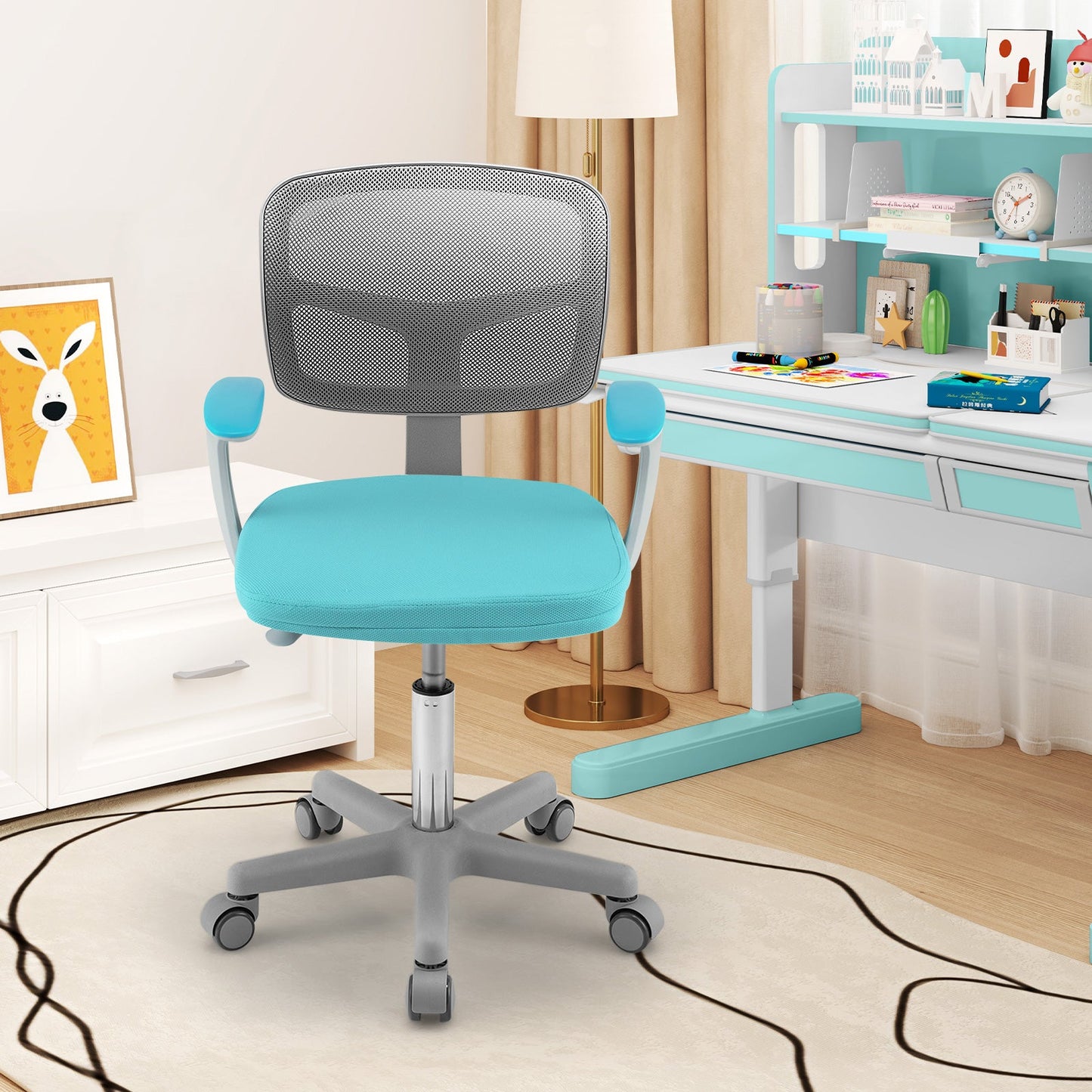 Chaise de bureau réglable avec roulettes à frein automatique pour enfants - Turquoise