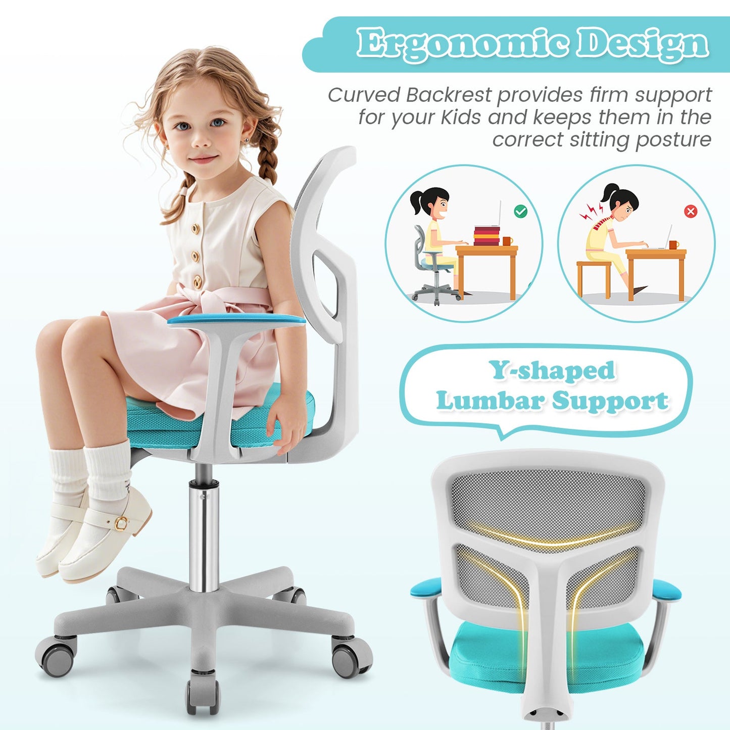 Chaise de bureau réglable avec roulettes à frein automatique pour enfants - Turquoise