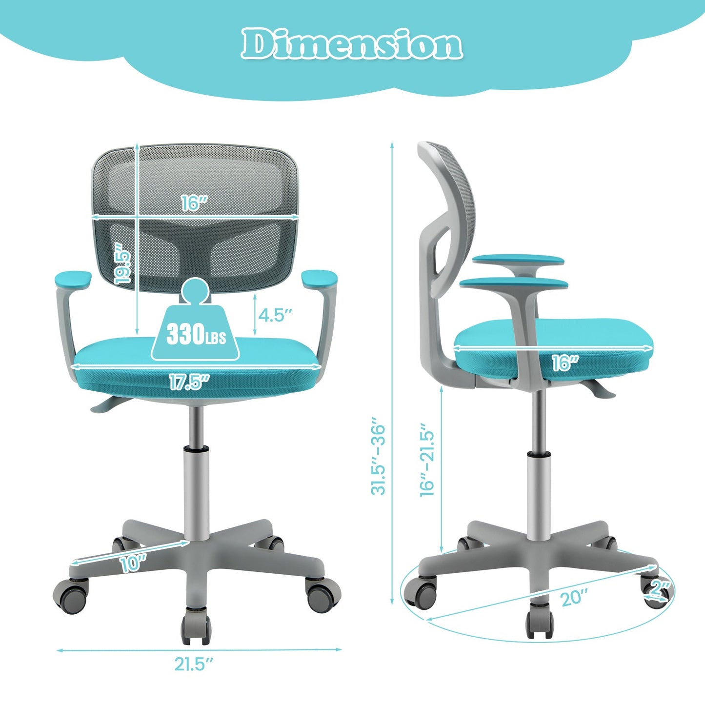 Chaise de bureau réglable avec roulettes à frein automatique pour enfants - Turquoise