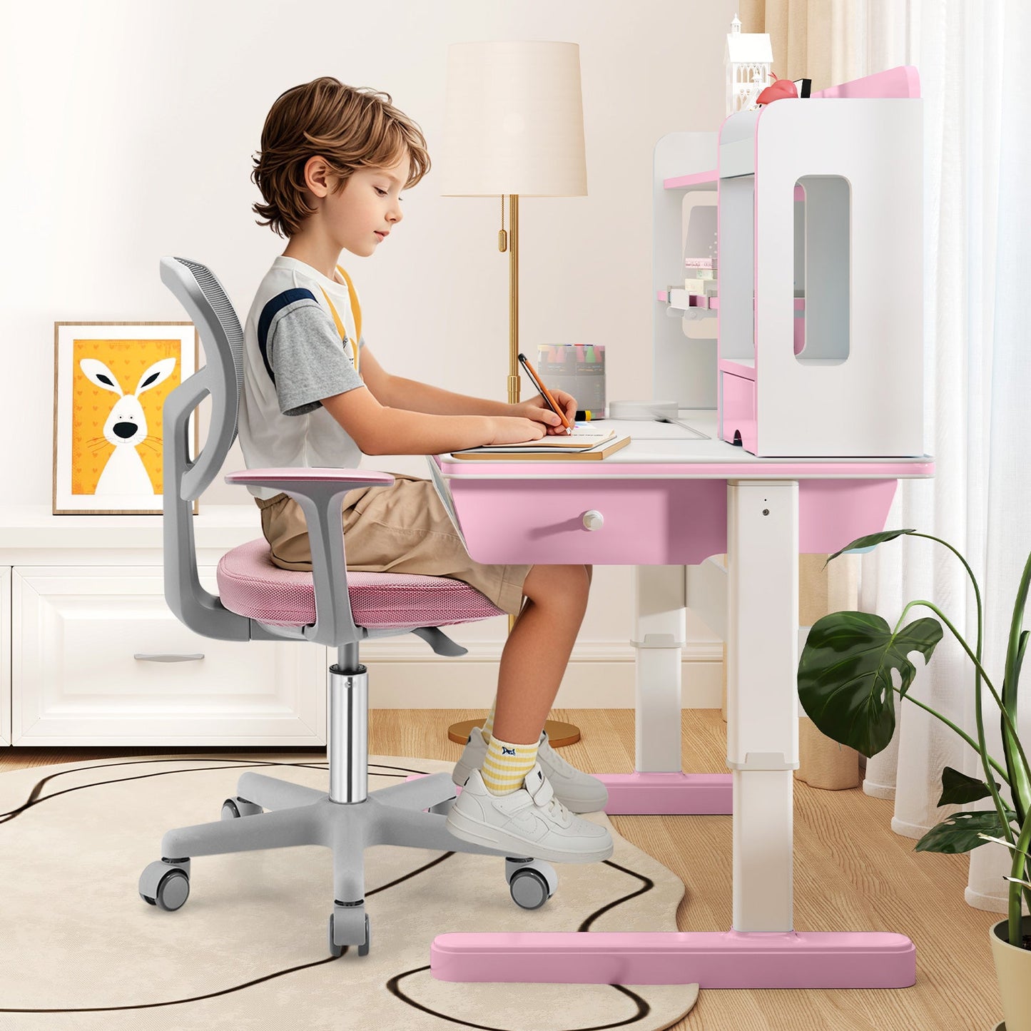 Adjustable Desk Chair with Auto Brake Casters for Kids - Pink