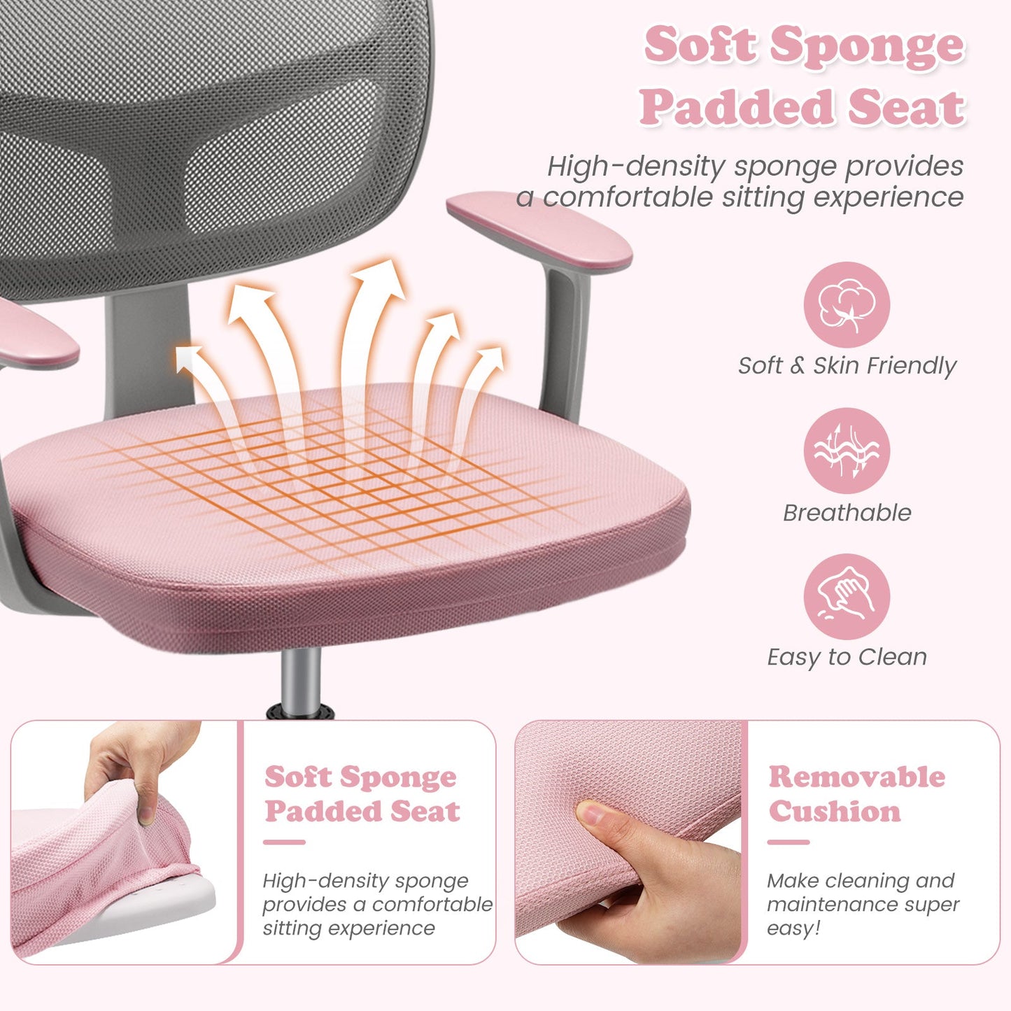 Adjustable Desk Chair with Auto Brake Casters for Kids - Pink