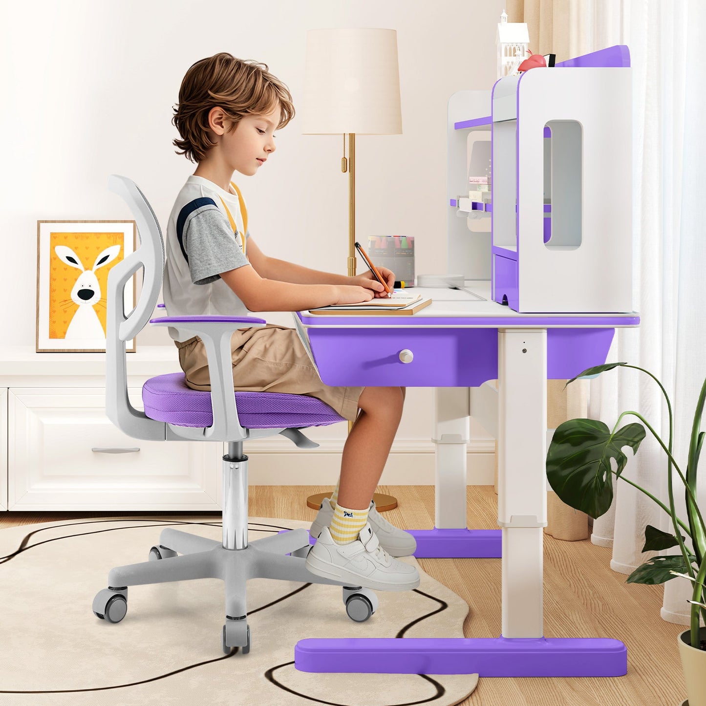 Adjustable Purple Desk Chair with Auto Brake Casters for Kids