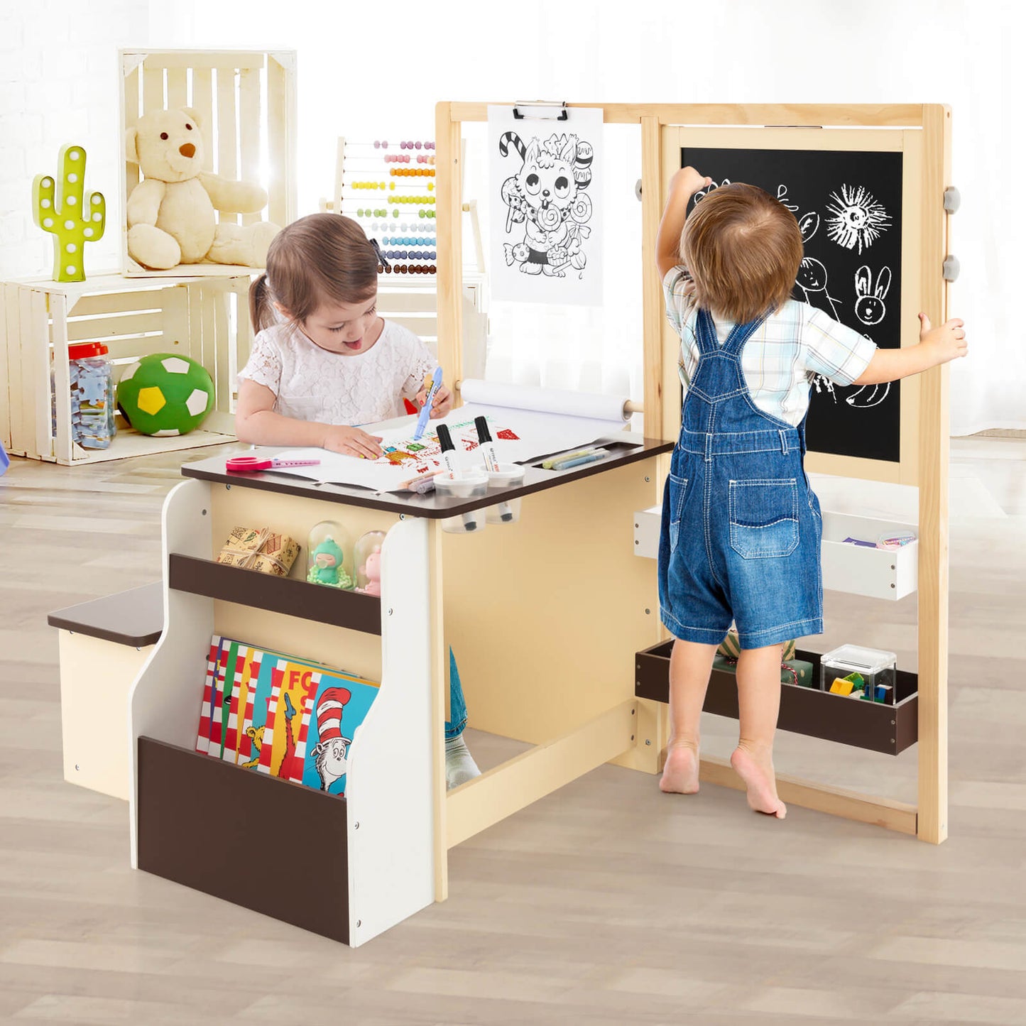 Conjunto de Mesa y Banco de Madera para Niños - Marrón