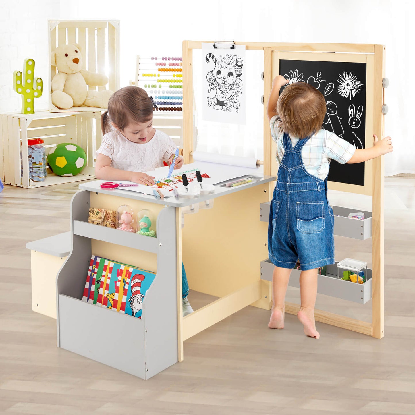 Conjunto de Mesa y Banco de Madera para Niños - Gris